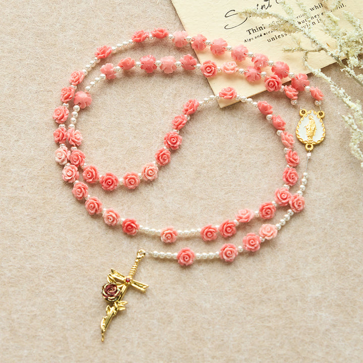 Christianartworkshop Soft Pink Camellia Rosary with Our Lady: Gentle Faith Accessory - Our Lady & Cross - image 0