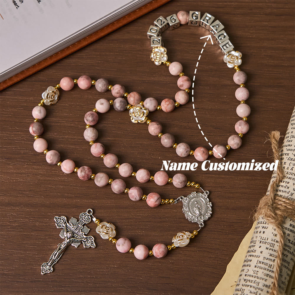 Christianartworkshop Pink Zebra Jasper 2026 New Year Rosary: Personalized Name Faith - Name Customized(All in capitals) - image 6