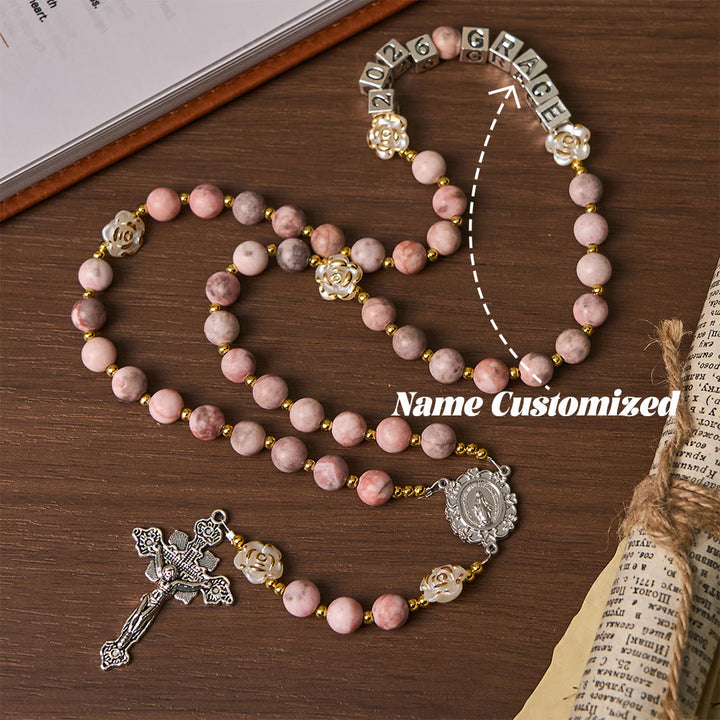 Christianartworkshop Pink Zebra Jasper 2026 New Year Rosary: Personalized Name Faith - Name Customized(All in capitals) - image 6