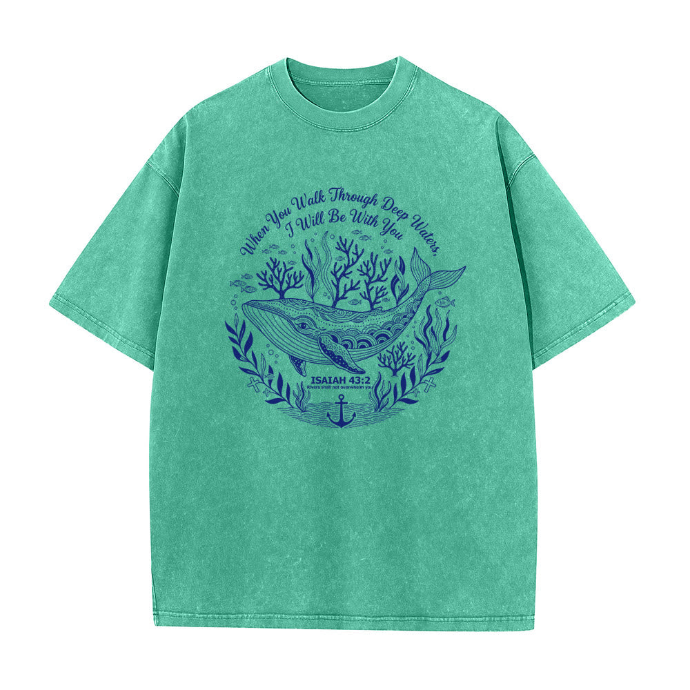 Christianartworkshop Isaiah 43:2 Whale Ocean Graphic Unisex Washed T-Shirt - Green - 5XL - image 1