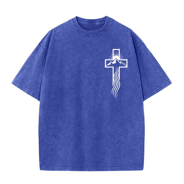 Christianartworkshop Cross & Nature Symbol Graphic Unisex Washed T-Shirt - Blue - 5XL - image 2