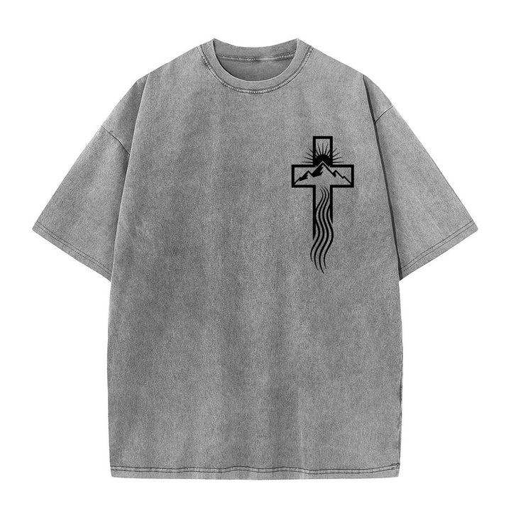 Christianartworkshop Cross & Nature Symbol Graphic Unisex Washed T-Shirt - Grey - 5XL - image 0