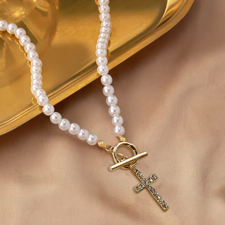 Christianartworkshop Elegant Beaded Strand Cross Charm Toggle Necklace: Wear His Comfort Daily - White - image 0