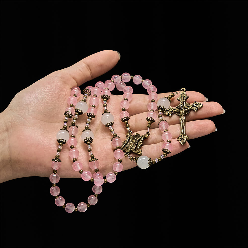 Christianartworkshop Pink Glass & White Glass Beads Ornate Crucifix Rosary: Embody His Gentle Grace - image 1