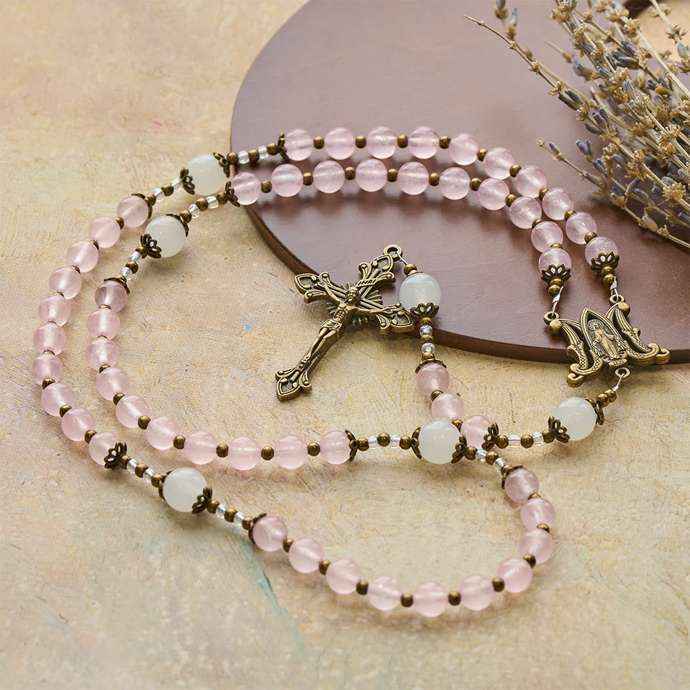Christianartworkshop Pink Glass & White Glass Beads Ornate Crucifix Rosary: Embody His Gentle Grace - image 5