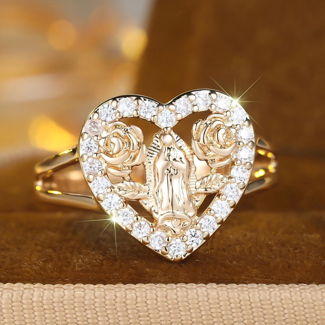 Christianartworkshop Heart-Shaped Our Lady Motif Ring with Rose Accents: Carry Her Care in Daily Wear - US 10 - image 0