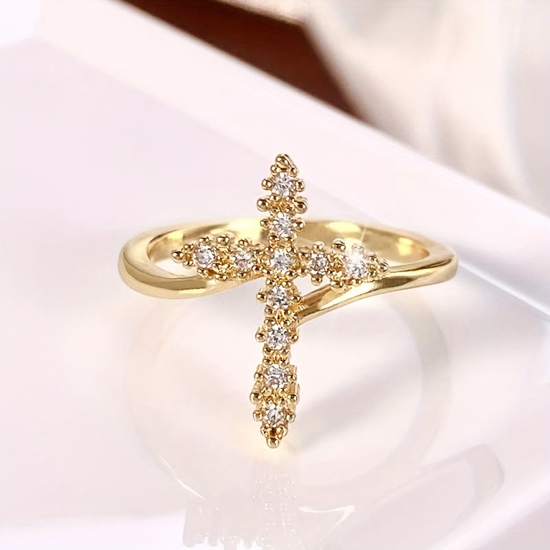 Christianartworkshop Cross Ring with Clustered Cubic Zirconia Accents: Embody His Gentle Grace - Golden - AU Size Y（US 12） - image 0