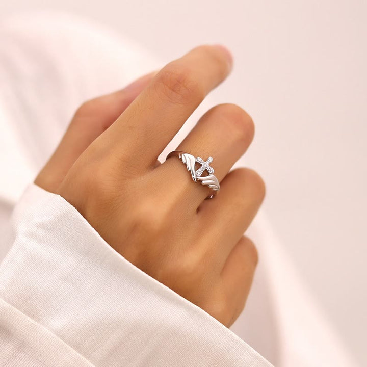 Christianartworkshop Silver Cross Wing Ring with Cubic Zirconia Accents: Embody His Angelic Protection - Silver（ Suitable for AU Size J1/2 - AU Size S） - image 2