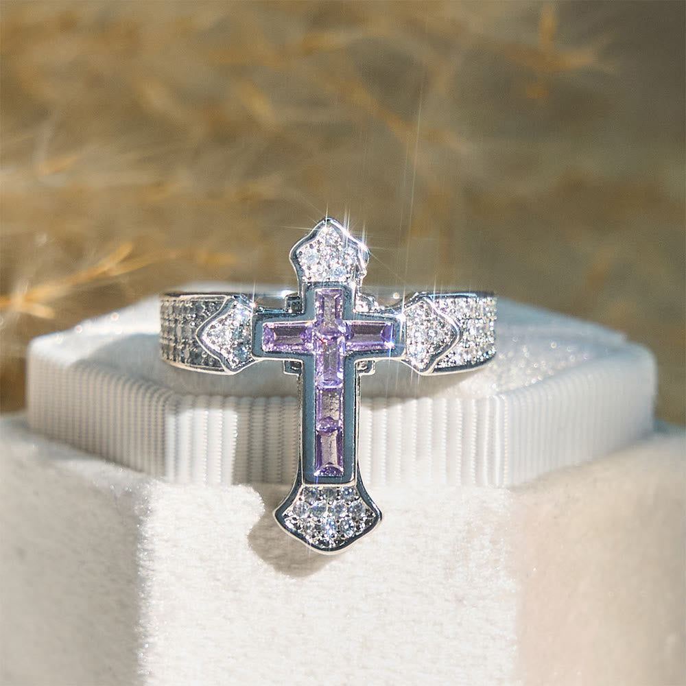 Christianartworkshop Central Cross Motif Ring with Cubic Zirconia Accents: Carry His Care in Daily Wear - Silver & Purple Zircon - AU Size V1/2 (US 11) - image 6