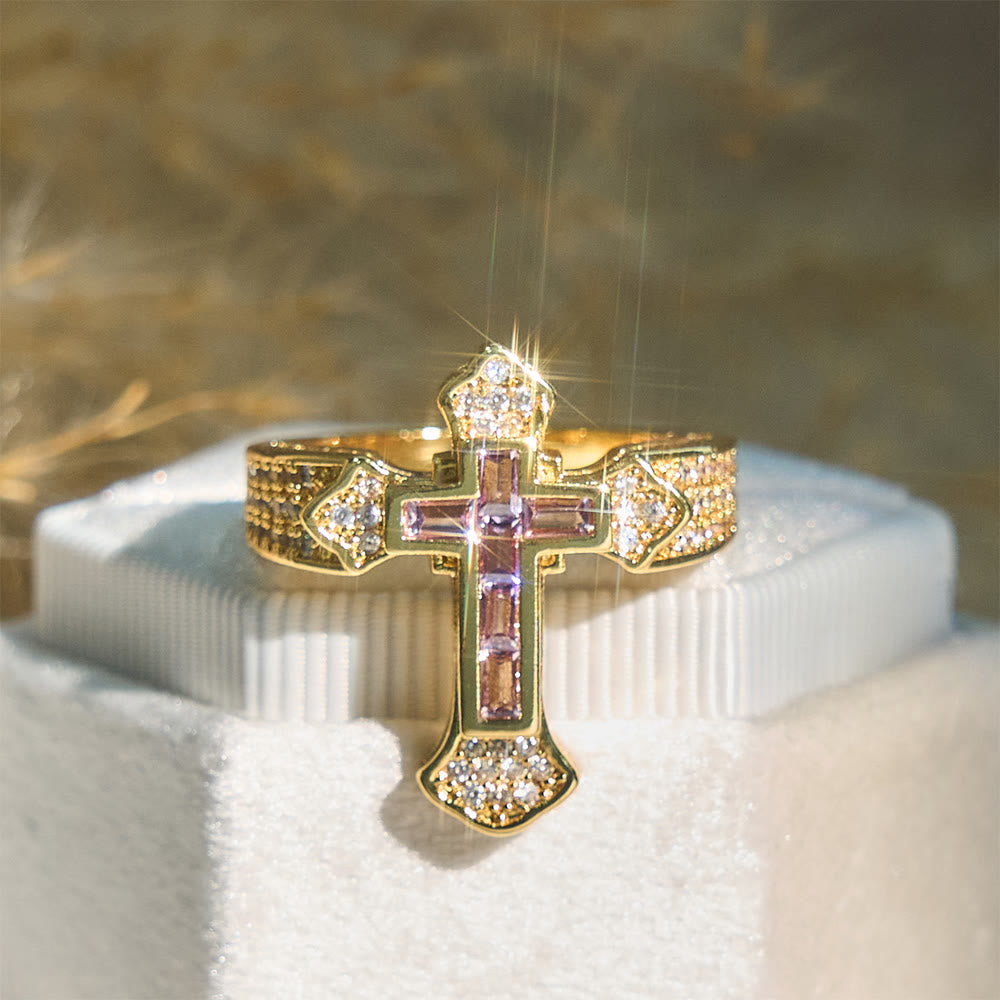 Christianartworkshop Central Cross Motif Ring with Cubic Zirconia Accents: Carry His Care in Daily Wear - Golden & Purple Zircon - AU Size V1/2 (US 11) - image 2