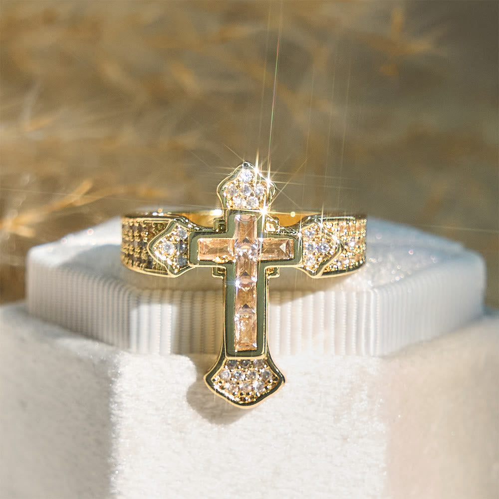 Christianartworkshop Central Cross Motif Ring with Cubic Zirconia Accents: Carry His Care in Daily Wear - Golden & White Zircon - AU Size V1/2 (US 11) - image 0
