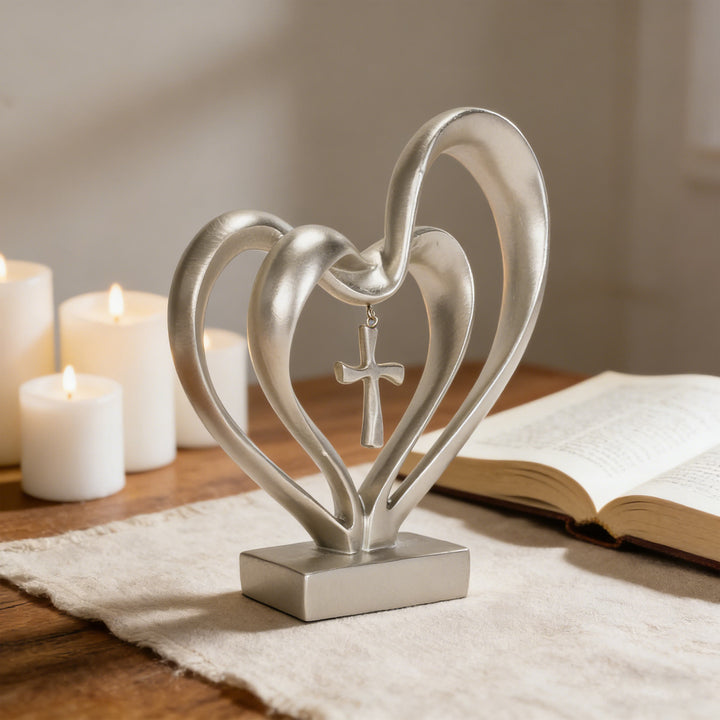 Christianartworkshop Resin Double-Heart Cross Pendant Desktop Ornament: Embody His Tender Grace at Work - Silver - image 5