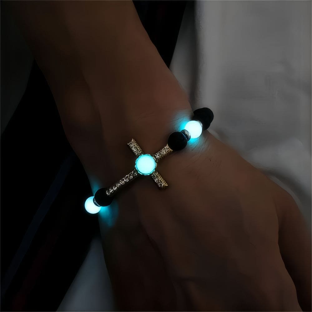 Christianartworkshop Volcanic Stone Bracelet with Glow-in-the-Dark Cross: Embody His Luminous Grace - Light Blue & Golden - image 1