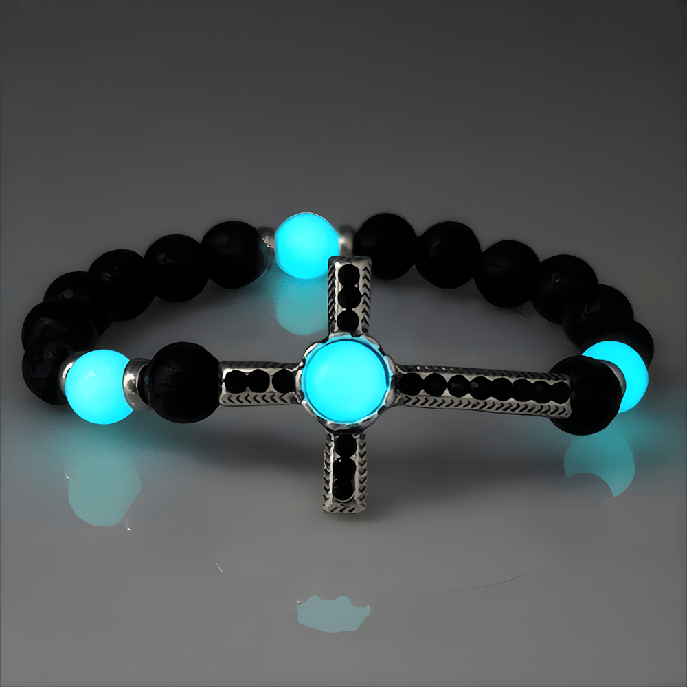 Christianartworkshop Volcanic Stone Bracelet with Glow-in-the-Dark Cross: Embody His Luminous Grace - Black & Light Blue - image 4