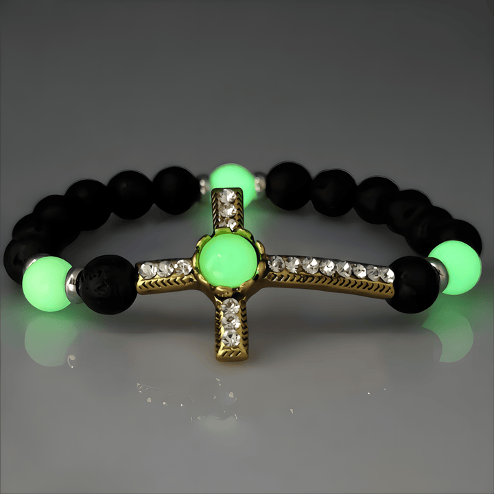 Christianartworkshop Volcanic Stone Bracelet with Glow-in-the-Dark Cross: Embody His Luminous Grace - Green & Golden - image 6