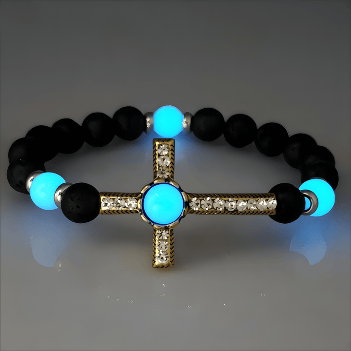 Christianartworkshop Volcanic Stone Bracelet with Glow-in-the-Dark Cross: Embody His Luminous Grace - Blue & Golden - image 5