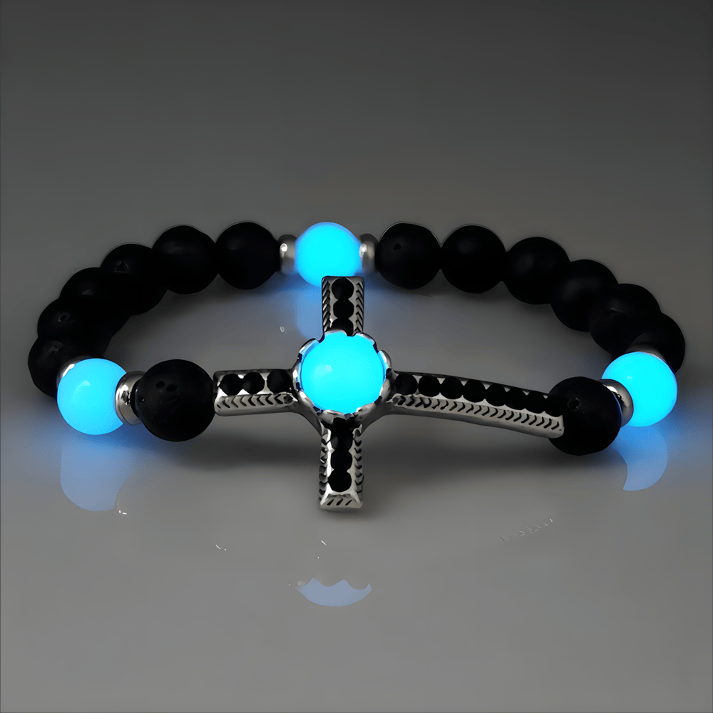 Christianartworkshop Volcanic Stone Bracelet with Glow-in-the-Dark Cross: Embody His Luminous Grace - Black & Blue - image 2