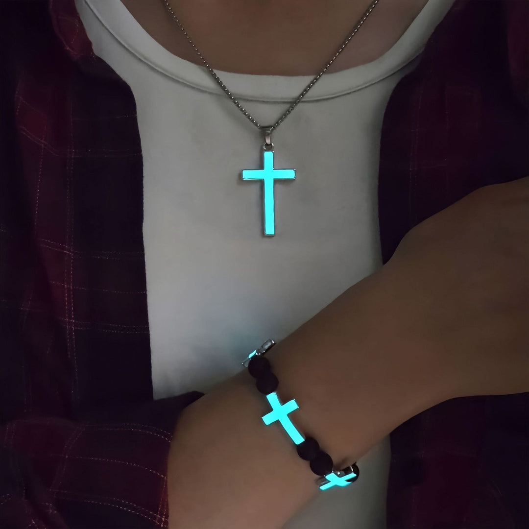 Christianartworkshop Luminous Cross Necklace & Beaded Bracelet Set: Remind of His Quiet Light - image 1