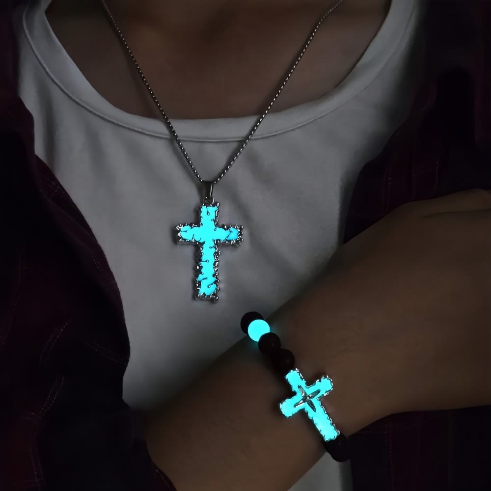 Christianartworkshop 3-Color Luminous Cross Necklace & Beaded Bracelet Set: Remind of His Quiet Light - image 1