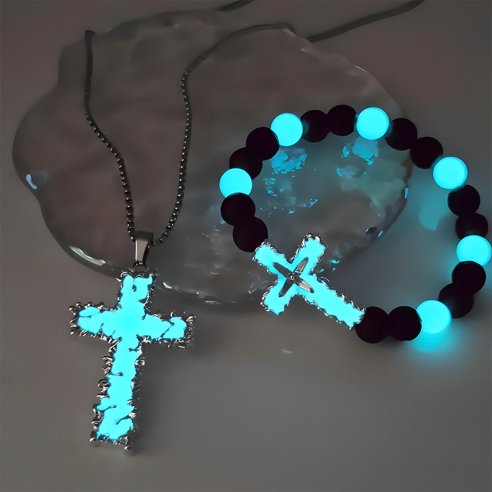 Christianartworkshop 3-Color Luminous Cross Necklace & Beaded Bracelet Set: Remind of His Quiet Light - Light Blue Set of 2 - image 0