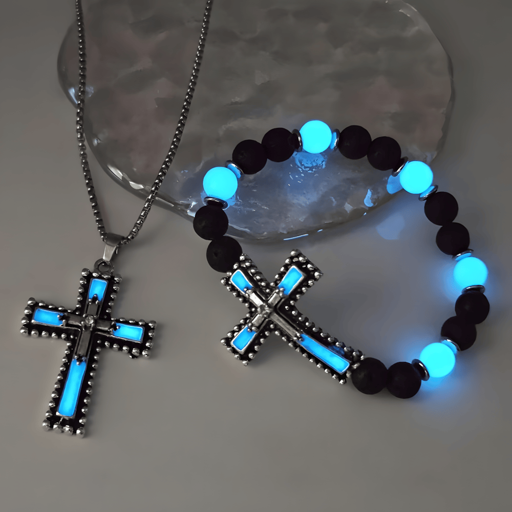 Christianartworkshop Glow-in-the-Dark Cross Jewelry Set with Volcanic Stone: Hold His Grace Close After Dark - Blue Set of 2 - image 0