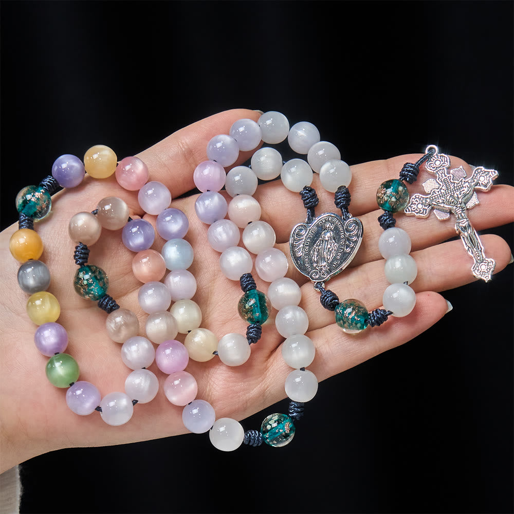 Christianartworkshop Color-Shifting Cat's Eye Rosary with Our Lady Guardian: Iridescent Faith Design - image 2