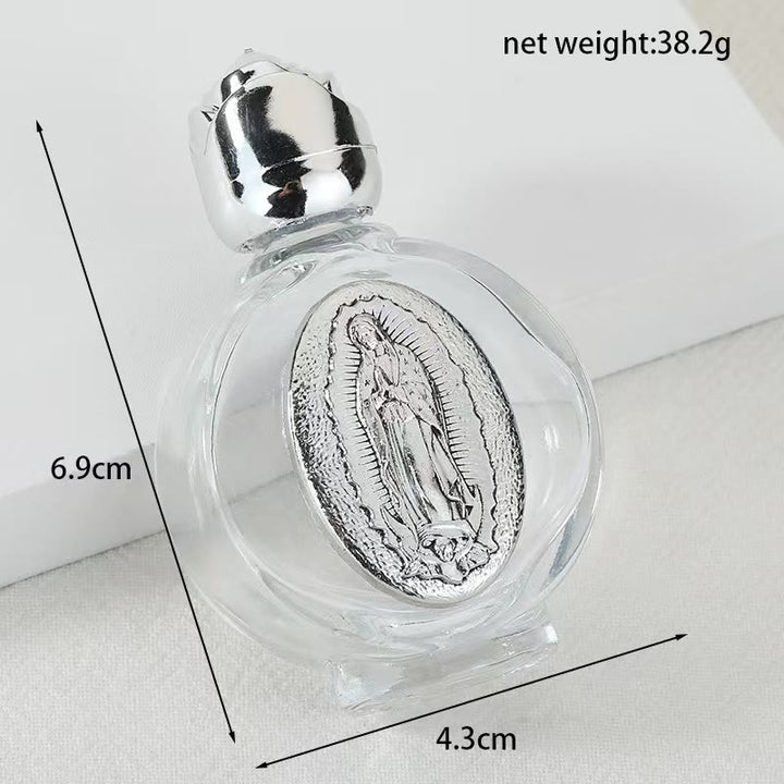 Christianartworkshop Embossed Sacred Icon Holy Water Bottle: Carry His Care in Spiritual Moments - Round Bottle - Our Lady of Guadalupe - Silver - image 39