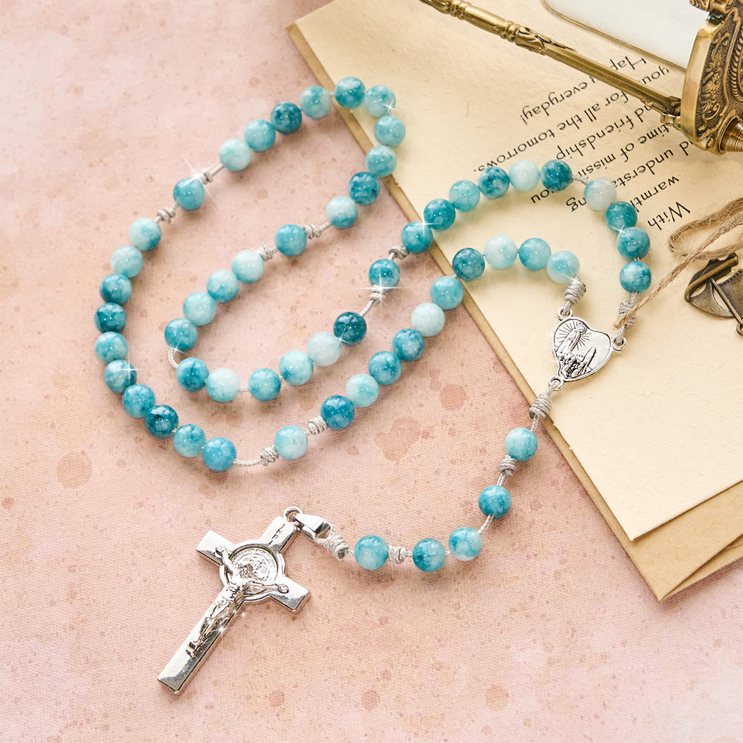 Christianartworkshop Elegant lue Persian Jade Catholic Rosary with Our Lady Faith Companion - image 6