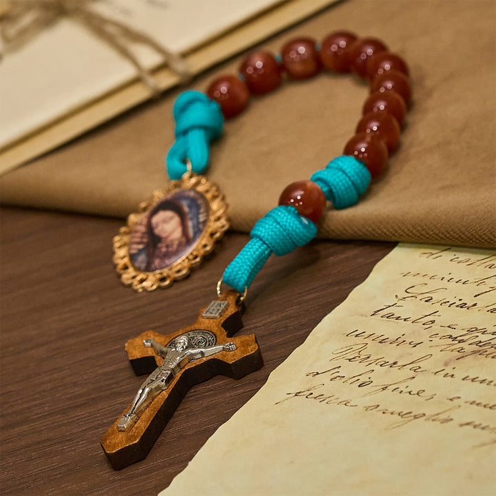 Christianartworkshop Vibrant Turquoise Paracord and Crimson Bead Pocket Rosary with Our Lady & Crucifix Companion - image 4
