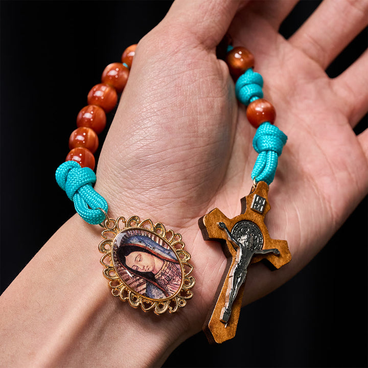 Christianartworkshop Vibrant Turquoise Paracord and Crimson Bead Pocket Rosary with Our Lady & Crucifix Companion - image 1