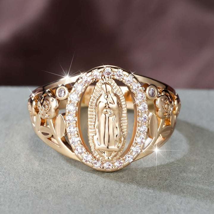 Christianartworkshop Our Lady Ring with Encircled Zircons & Floral Accents: Embody Her Tender Grace - AU Size T1/2 (US 10) - image 0