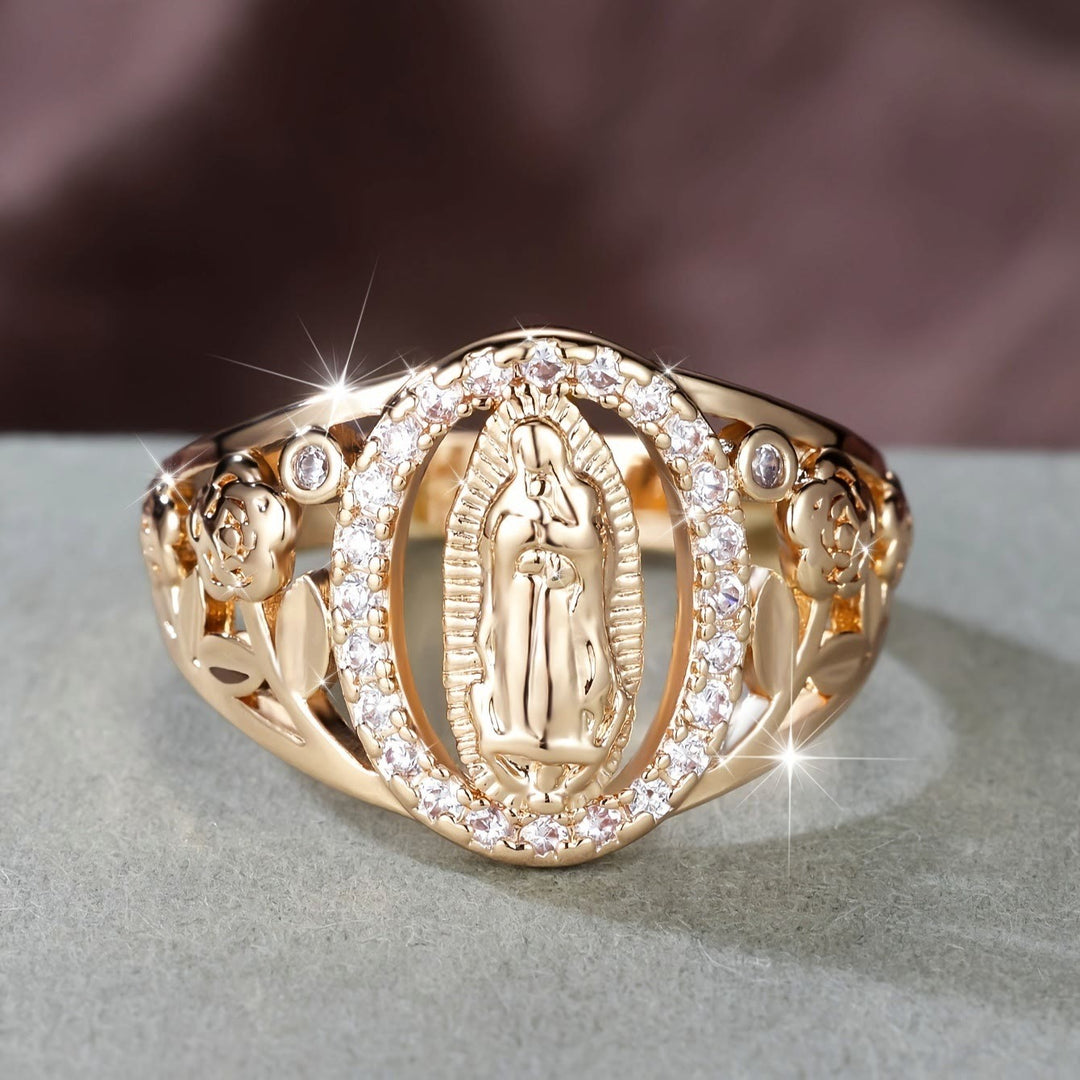 Christianartworkshop Our Lady Ring with Encircled Zircons & Floral Accents: Embody Her Tender Grace - US 10 - image 0