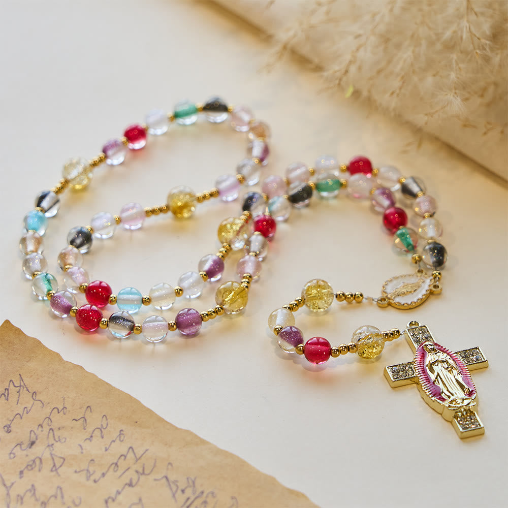 Christianartworkshop Rainbow Shimmer Cat's Eye Rosary with Our Lady Devotional Cross - image 4