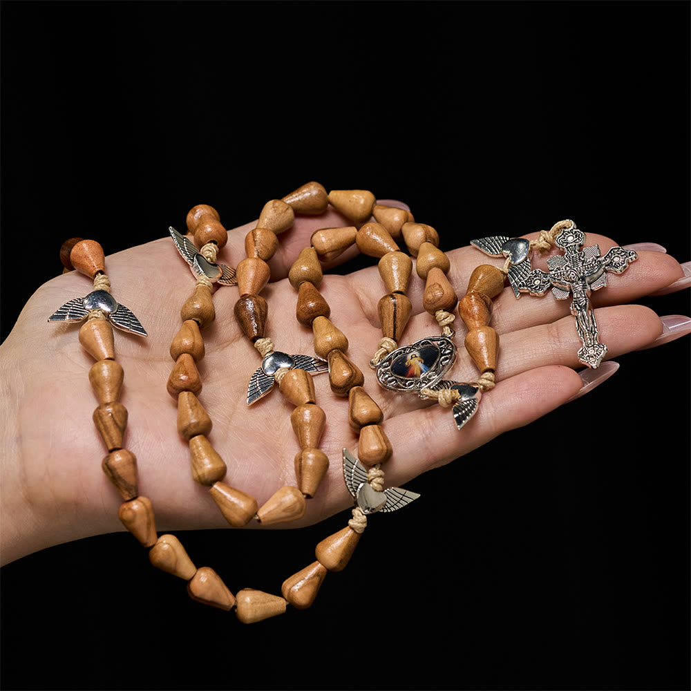 Christianartworkshop Rustic Olive Wood Teardrop Rosary with Angel Wings & Sacred Crucifix - image 1