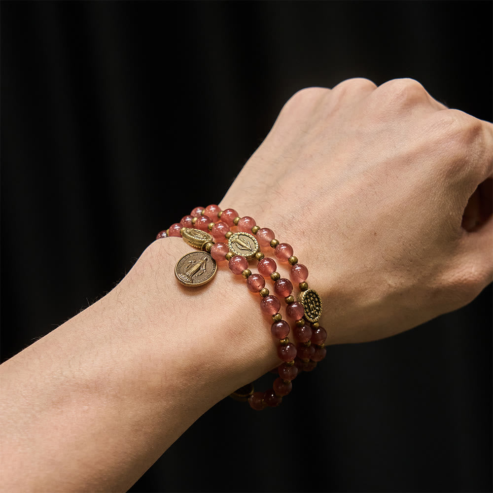 Christianartworkshop Vintage Strawberry Quartz Bracelet with Miraculous Medal Sacred Devotion - image 1
