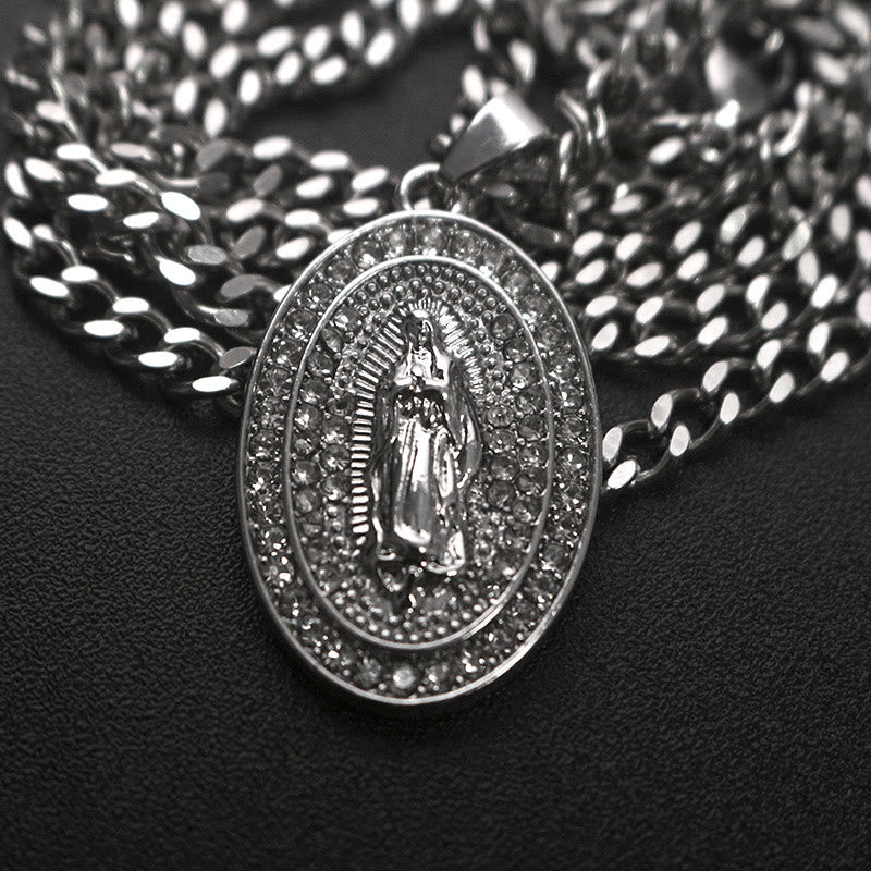 Christianartworkshop Sparkling Our Lady Oval Medallion Pendant Necklace: Embody Her Tender Intercession - Silver - image 5