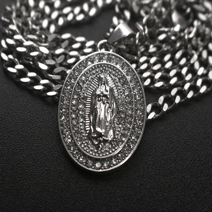 Christianartworkshop Sparkling Our Lady Oval Medallion Pendant Necklace: Embody Her Tender Intercession - Silver - image 5