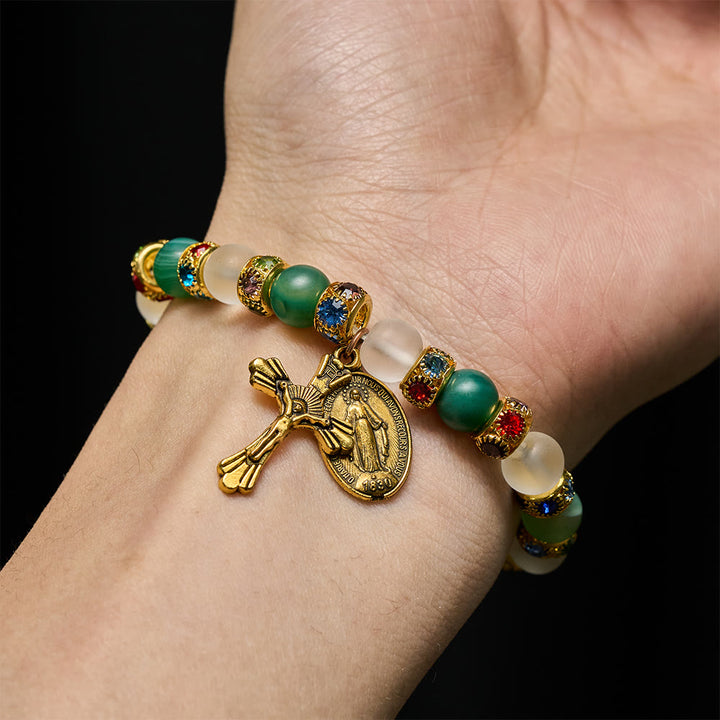 Christianartworkshop Smooth Frosted Agate Crucifx & Our Lady Bracelet: Remind of His Tender Love - image 1