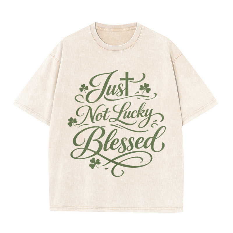 Christianartworkshop Just Not Lucky, Blessed Cross & Shamrock Unisex Washed T-Shirt - Beige - 5XL - image 6