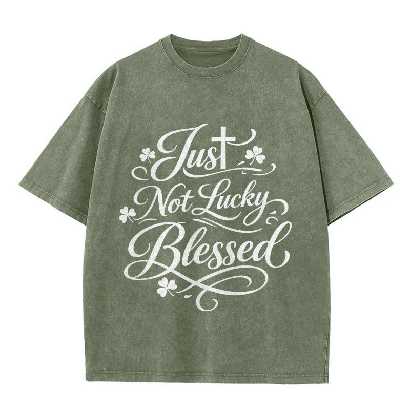 Christianartworkshop Just Not Lucky, Blessed Cross & Shamrock Unisex Washed T-Shirt - Army Green - 5XL - image 9