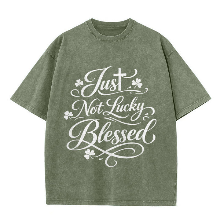 Christianartworkshop Just Not Lucky, Blessed Cross & Shamrock Unisex Washed T-Shirt - Army Green - 5XL - image 9