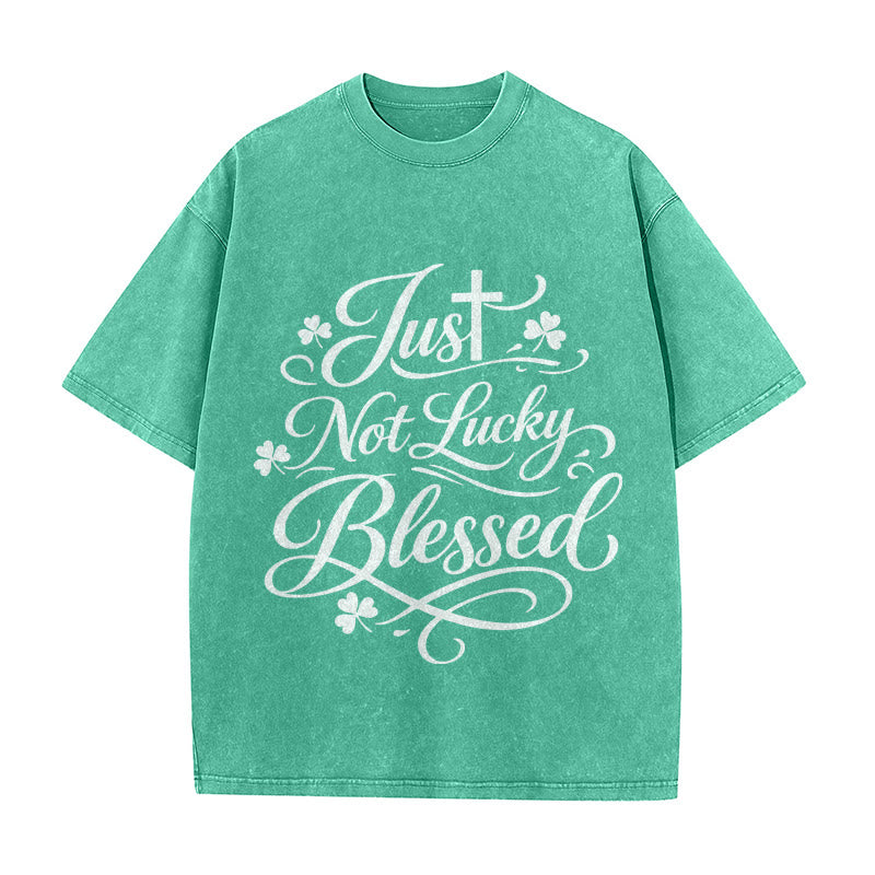 Christianartworkshop Just Not Lucky, Blessed Cross & Shamrock Unisex Washed T-Shirt - Green - 5XL - image 5
