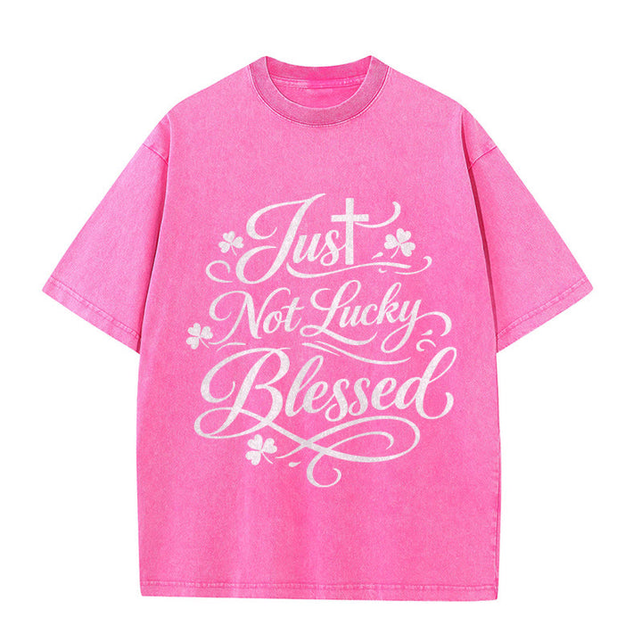 Christianartworkshop Just Not Lucky, Blessed Cross & Shamrock Unisex Washed T-Shirt - Pink - 5XL - image 8