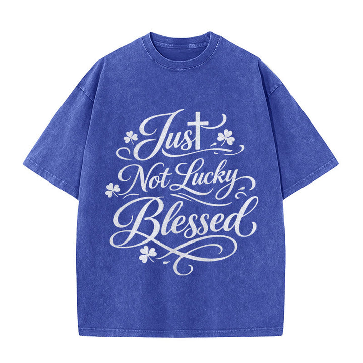Christianartworkshop Just Not Lucky, Blessed Cross & Shamrock Unisex Washed T-Shirt - Blue - 5XL - image 0