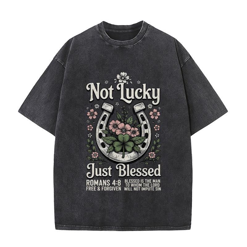 Christianartworkshop Not Lucky Just Blessed" Romans 4:8 Unisex Washed T-Shirt - Black - 5XL - image 7