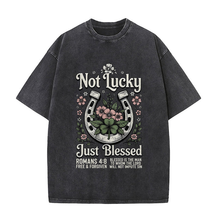 Christianartworkshop Not Lucky Just Blessed" Romans 4:8 Unisex Washed T-Shirt - Black - 5XL - image 7
