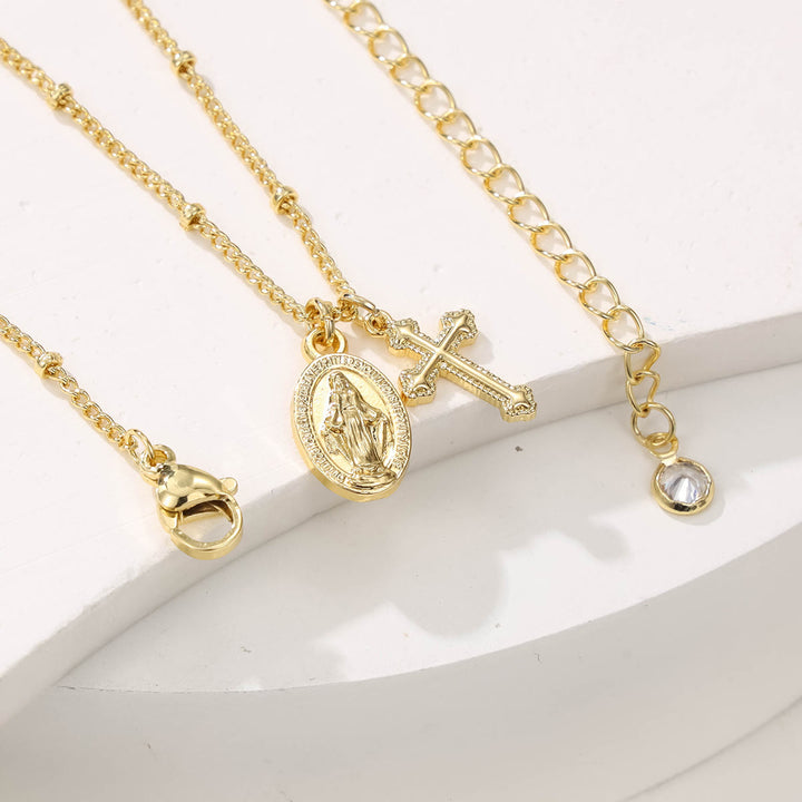 Christianartworkshop Cross & Our Lady Dual Pendant Golden Necklace: Embody His Grace and Maternal Care - image 1