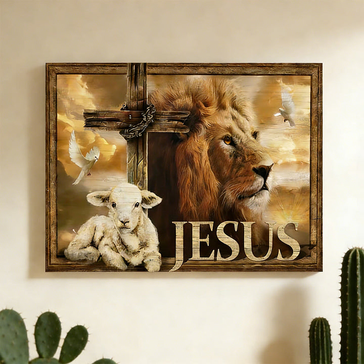 Christianartworkshop Lion of Judah & Lamb of God Wall Art Print: Sacred Symbols of Strength - 15.75''*11.81''0.71"/40*30*1.8cm - Framed Canvas Painting - image 0
