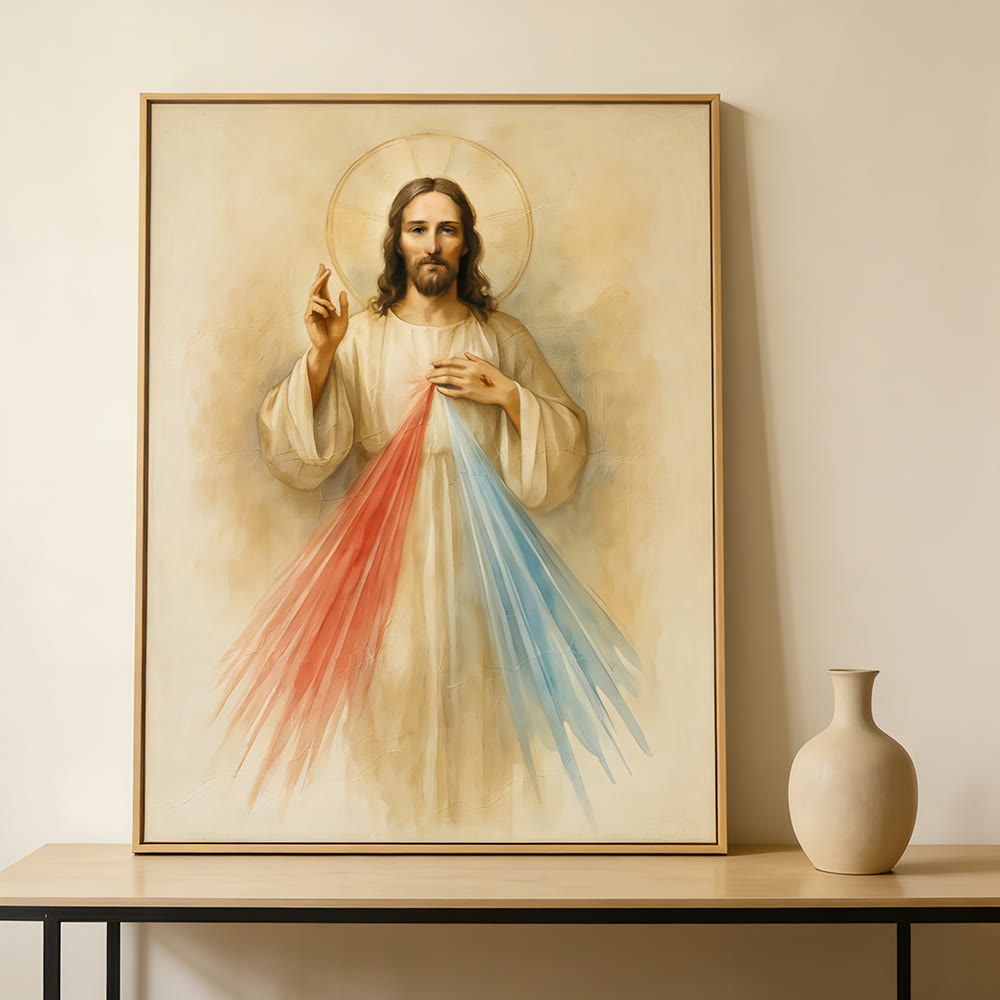 Christianartworkshop Divine Mercy Jesus Wall Art Print: Rays of Compassion and Peace for Your Home Sanctuary - 11.81''*15.75''0.71"/30*40*1.8cm - Framed Canvas Painting - image 0