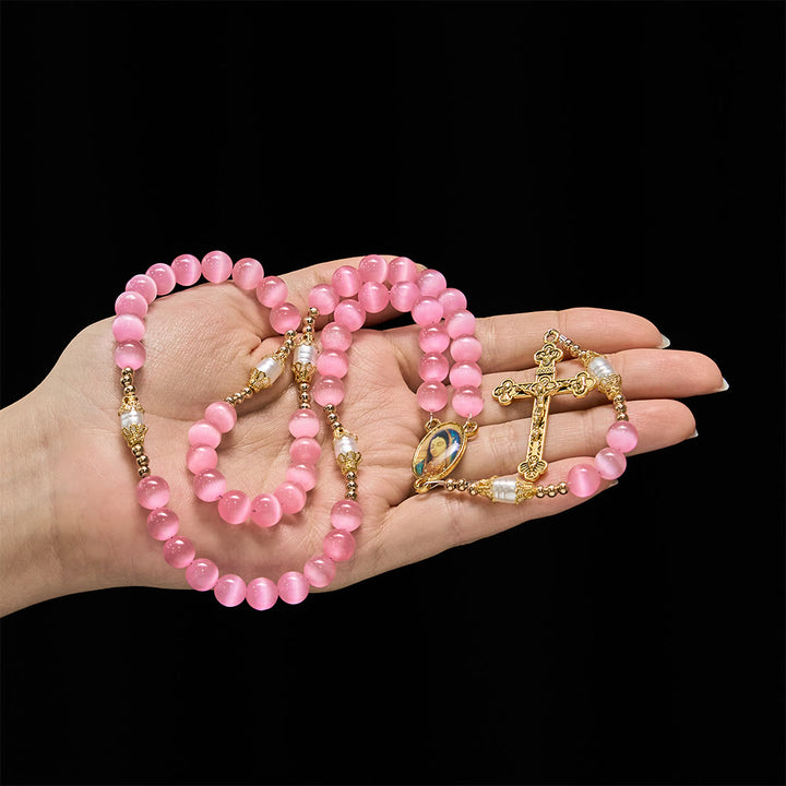 Christianartworkshop Pink Cat’s Eye & Acrylic Bead Our Lady Rosary: Embody Sacred Love and Gentle Devotion - image 1